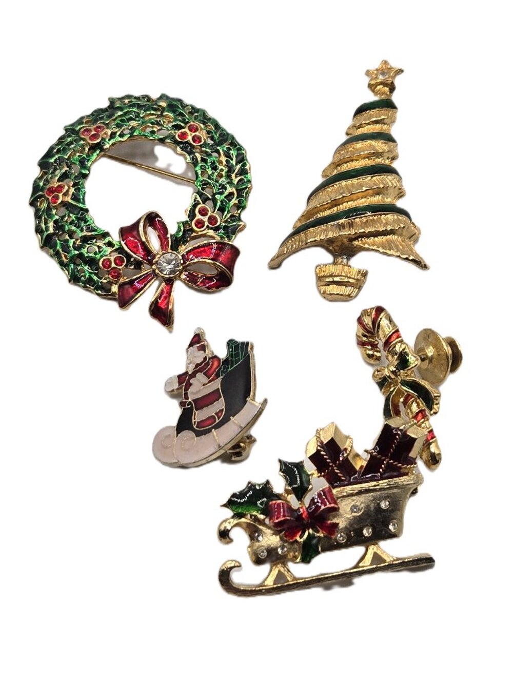 4 Christmas Holiday Pins/Brooches, Colorful Metal  Santa, Tree, Wreath, Sleigh